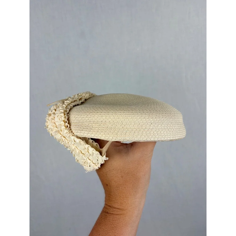 Vintage Cream Straw Pillbox Hat Feather Gemstone Detail Formal Church Wedding